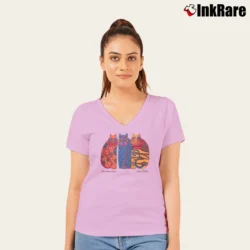 Women’s 80s Laurel Burch Cat Retro Aztec V-Neck Tee in light pink | Chic Neckline, Soft Texture