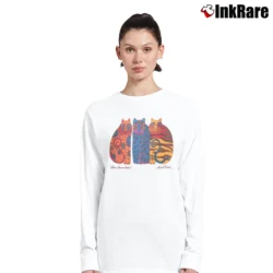 Women’s 80s Laurel Burch Colorful Cat Art Long-Sleeve Top in white | Sleek, Versatile, All-Season