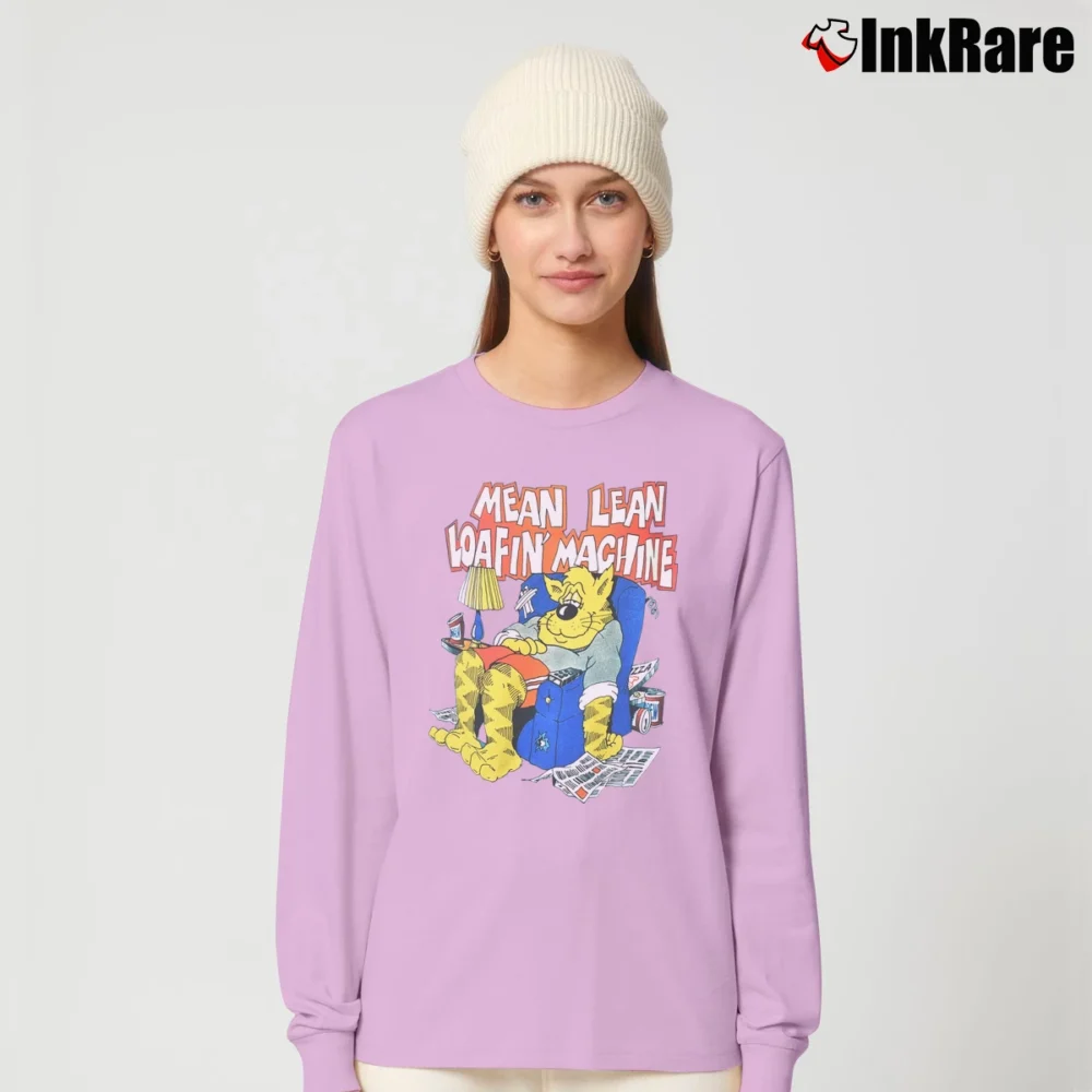 Women’s 80s Lazy Cat Mean Lean Loafin Machine Funny Cartoon Long-Sleeve Top in light pink | Sleek, Versatile, All-Season
