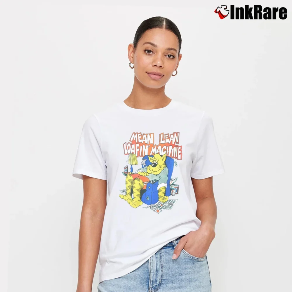 Women’s 80s Lazy Cat Mean Lean Loafin Machine Funny Cartoon Signature T-Shirt in white | Soft, Flattering Fit
