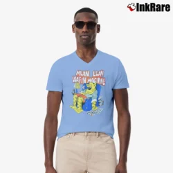 Men’s 80s Lazy Cat Mean Lean Loafin Machine Funny Cartoon V-Neck Tee in light blue | Sharp, Breathable, Everyday Staple