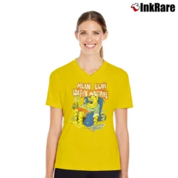 Women’s 80s Lazy Cat Mean Lean Loafin Machine Funny Cartoon V-Neck Tee in yellow | Chic Neckline, Soft Texture