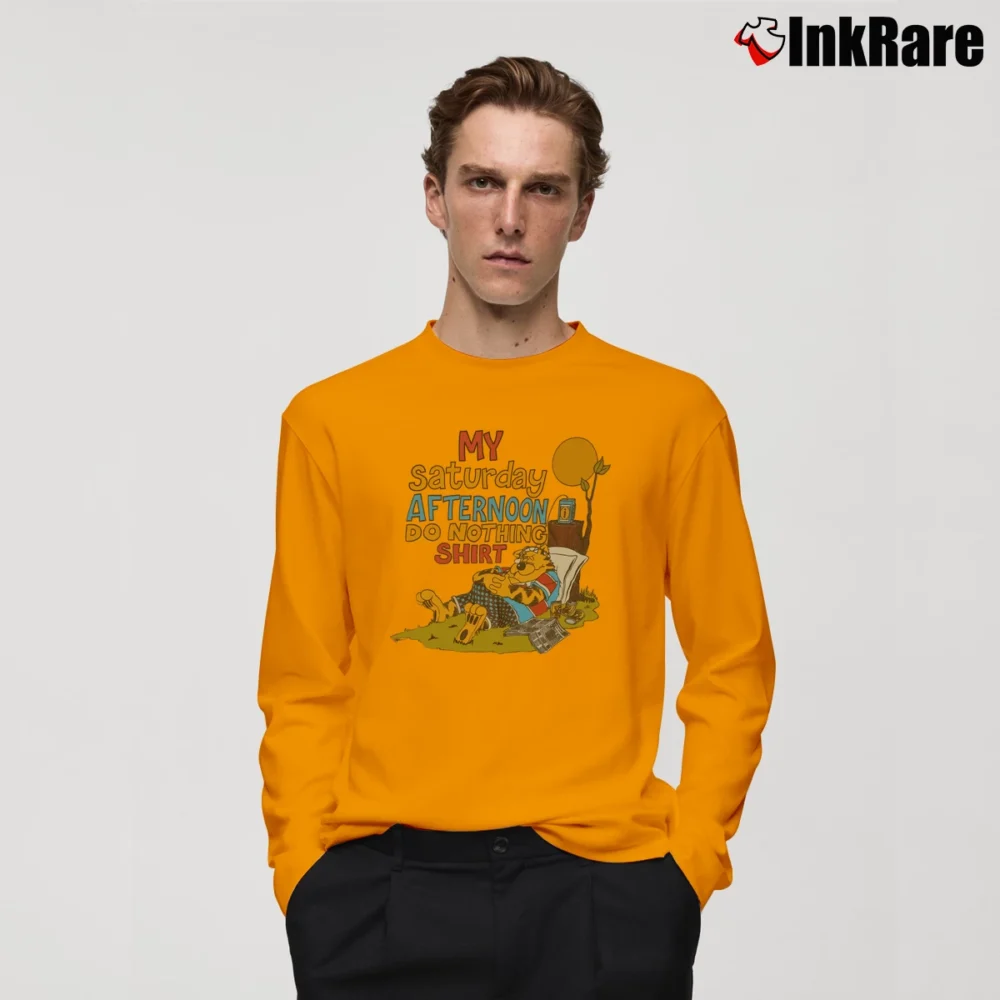 Men’s 80s Lazy Cat Nap Saturday Afternoon Long-Sleeve Shirt in orange | Sleek, Lightweight, Year-Round Wear