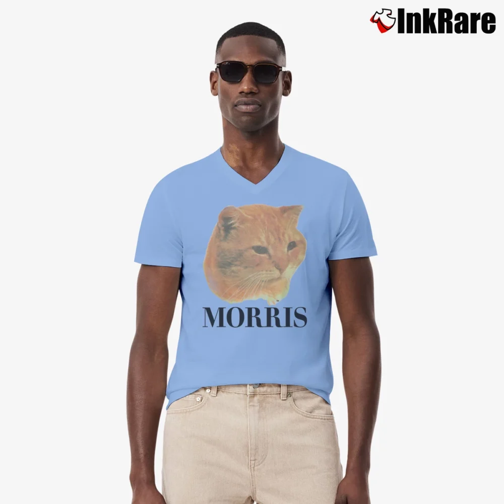 Men’s 80s Morris The Cat 9 Lives Cat Food V-Neck Tee in light blue | Sharp, Breathable, Everyday Staple