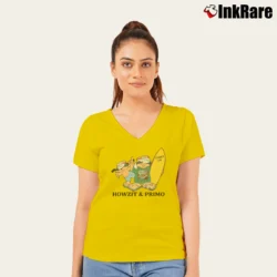 Women’s 80s Primo Beer Mascots Howzit Surfer Classic V-Neck Tee in yellow | Chic Neckline, Soft Texture