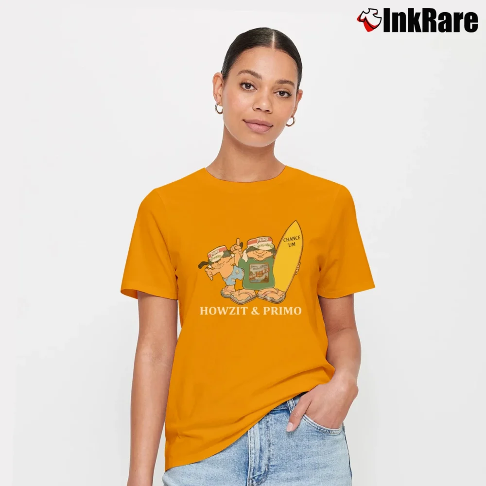 Women’s 80s Primo Beer Mascots Howzit Surfer Graphic Signature T-Shirt in orange | Soft, Flattering Fit