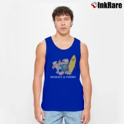 Men’s 80s Primo Beer Mascots Howzit Surfer Graphic Tank Top in royal blue | Breathable, Active-Friendly Design