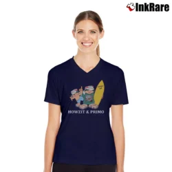 Women’s 80s Primo Beer Mascots Howzit Surfer Graphic V-Neck Tee in navy | Chic Neckline, Soft Texture