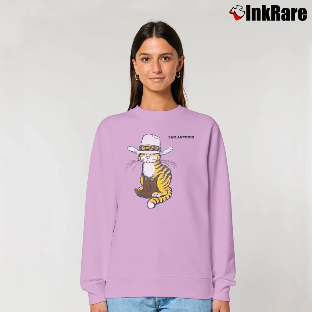 Women’s 80s San Antonio Texas Striped Cowboy Cat Relaxed Sweatshirt in light pink | Soft, Laid-Back Vibe