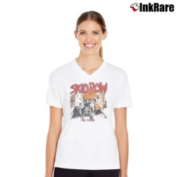 Women’s 80s Skid Row On Tour for Vintage Rock Fans V-Neck Tee in white | Chic Neckline, Soft Texture