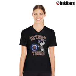 Women’s 80s Snoopy Detroit Tigers Baseball V-Neck Tee in black | Chic Neckline, Soft Texture