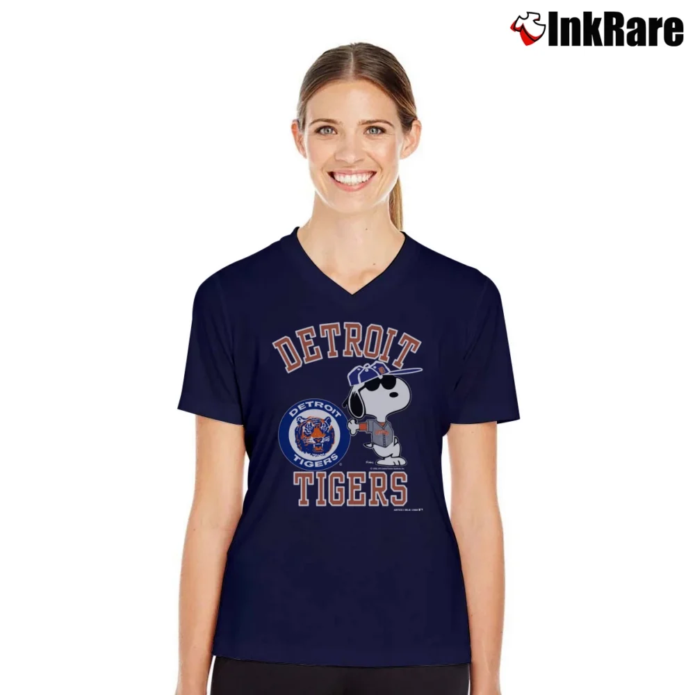 Women’s 80s Snoopy Detroit Tigers Joe Cool Baseball V-Neck Tee in navy | Chic Neckline, Soft Texture