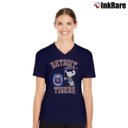 Women’s 80s Snoopy Detroit Tigers Joe Cool Baseball V-Neck Tee in navy | Chic Neckline, Soft Texture