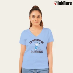 Women’s 80s Snoopy I'd Rather Be Running Peanuts V-Neck Tee in light blue | Chic Neckline, Soft Texture