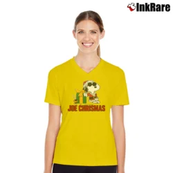 Women’s 80s Snoopy Joe Christmas Classic V-Neck Tee in yellow | Chic Neckline, Soft Texture