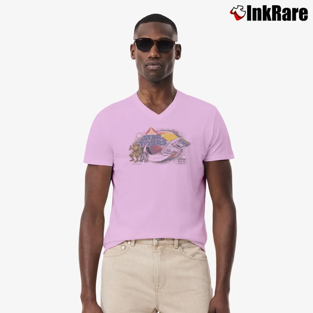 Men’s 80s Star Wars Star Tours V-Neck Tee in light pink | Sharp, Breathable, Everyday Staple