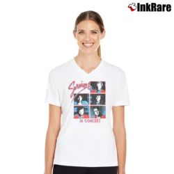 Women’s 80s Survivor Eye Of The Tiger World Tour V-Neck Tee in white | Chic Neckline, Soft Texture