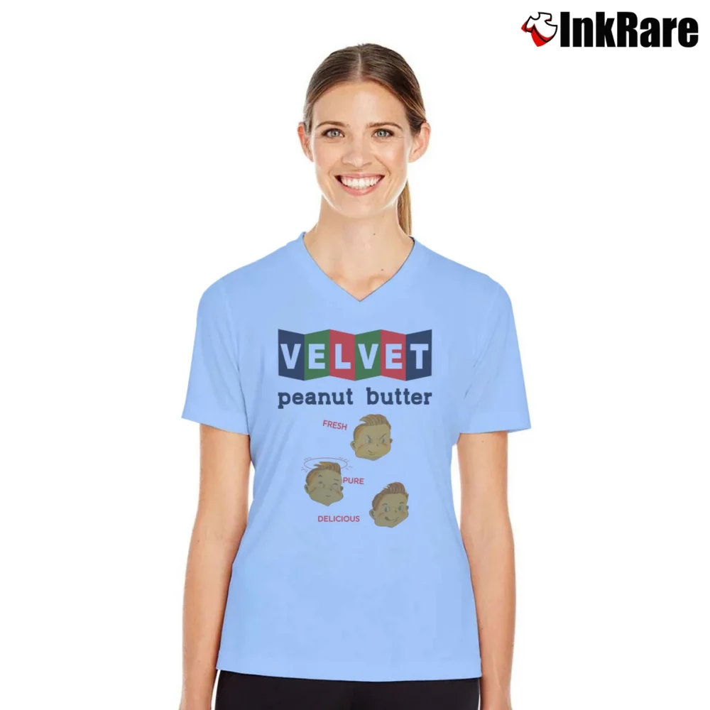 Women’s 80s Velvet Peanut Butter Fresh Pure Delicious V-Neck Tee in light blue | Chic Neckline, Soft Texture