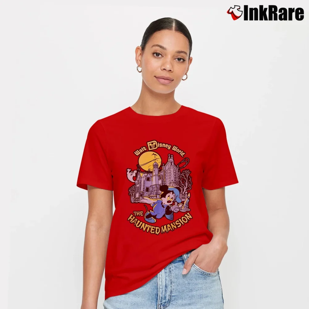 Women’s 80s Walt Disney World Theme Park Haunted Mansion Mickey Mouse Signature T-Shirt in red | Soft, Flattering Fit