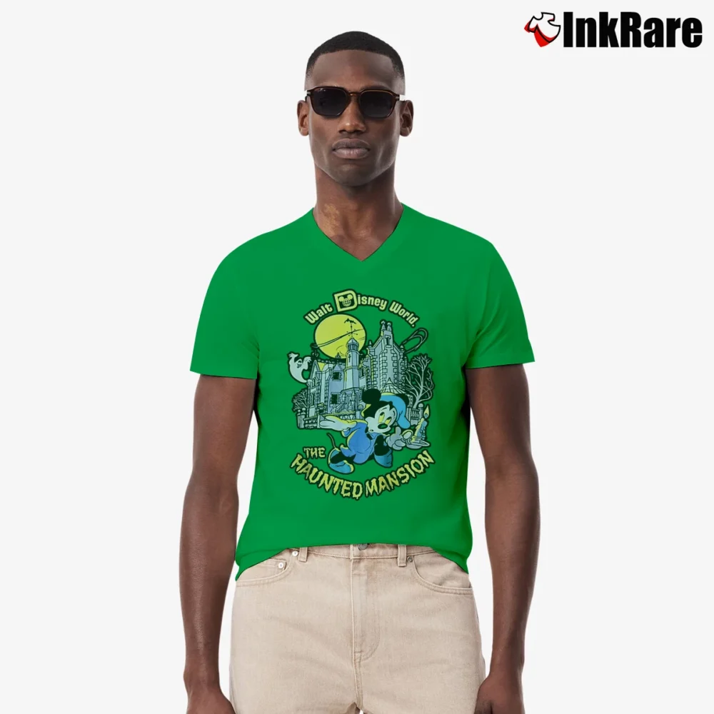 Men’s 80s Walt Disney World Theme Park Haunted Mansion Mickey Mouse V-Neck Tee in irish green | Sharp, Breathable, Everyday Staple