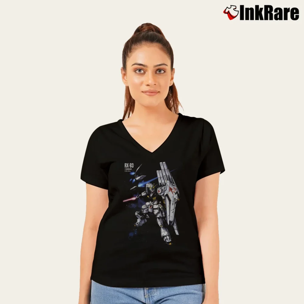 Women’s 90s 00s Gundam Wing Anime Lot Sotsu Collection V-Neck Tee in black | Chic Neckline, Soft Texture