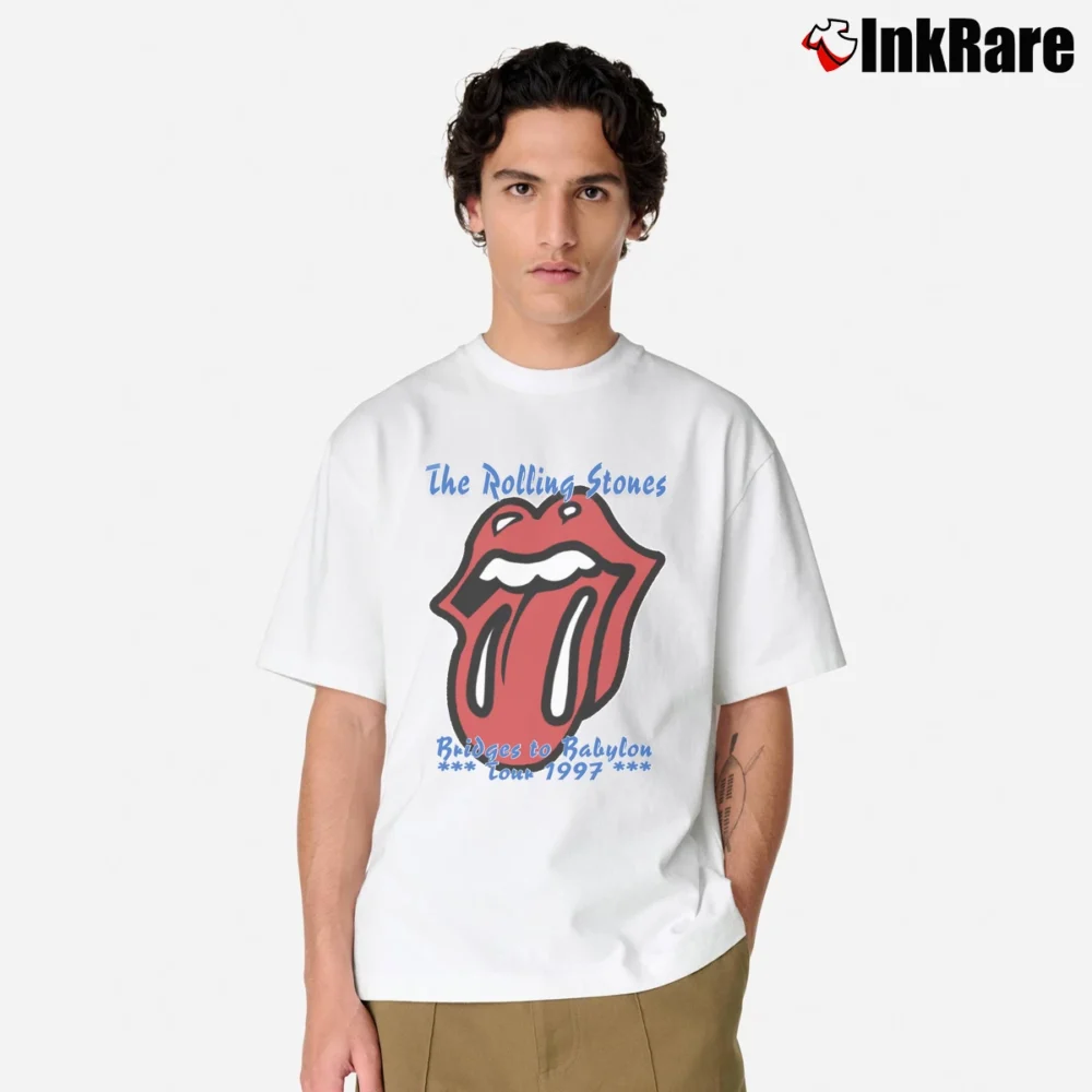 Men’s 90s 1997 Rolling Stones Rock Tour Bridges To Babylon Classic T-Shirt in white | Soft, Breathable Everyday Wear