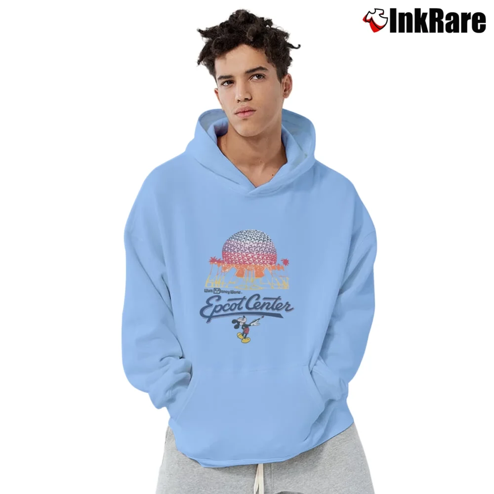Men’s 90s 80s Mickey Inc Epcot Center Disney World Pullover Hoodie in light blue | Cozy, Durable, Modern Fit