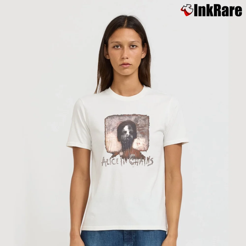 Women’s 90s Alice In Chains Distressed Grunge Faded Rock Signature T-Shirt in white | Soft, Flattering Fit