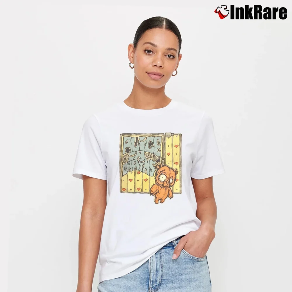 Women’s 90s Alice In Chains Hanging Bear Rock Band Tour Signature T-Shirt in white | Soft, Flattering Fit
