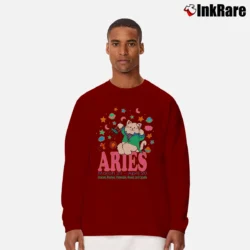 Men’s 90s Aries Horoscope Cat Cartoon Zodiac Graphic Long-Sleeve Shirt in maroon | Sleek, Lightweight, Year-Round Wear