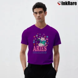 Men’s 90s Aries Horoscope Cat Cartoon Zodiac Graphic V-Neck Tee in purple | Sharp, Breathable, Everyday Staple