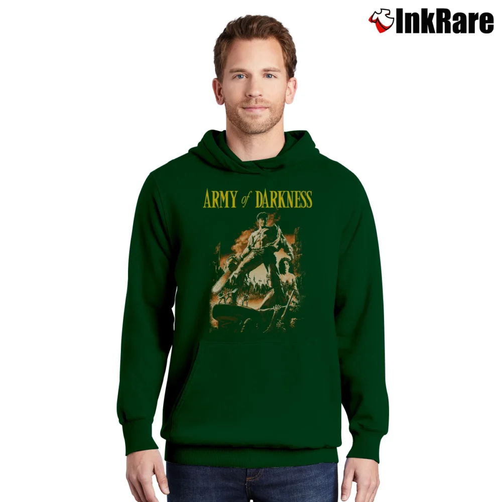 Men’s 90s Army of Darkness Pullover Hoodie in forest green | Cozy, Durable, Modern Fit
