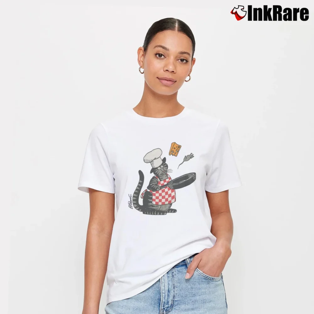 Women’s 90s B Kliban Crazy Cat Cooking Mouse Cheese Graphic Signature T-Shirt in white | Soft, Flattering Fit