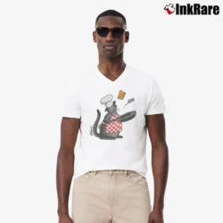 Men’s 90s B Kliban Crazy Cat Cooking Mouse Cheese Graphic V-Neck Tee in white | Sharp, Breathable, Everyday Staple