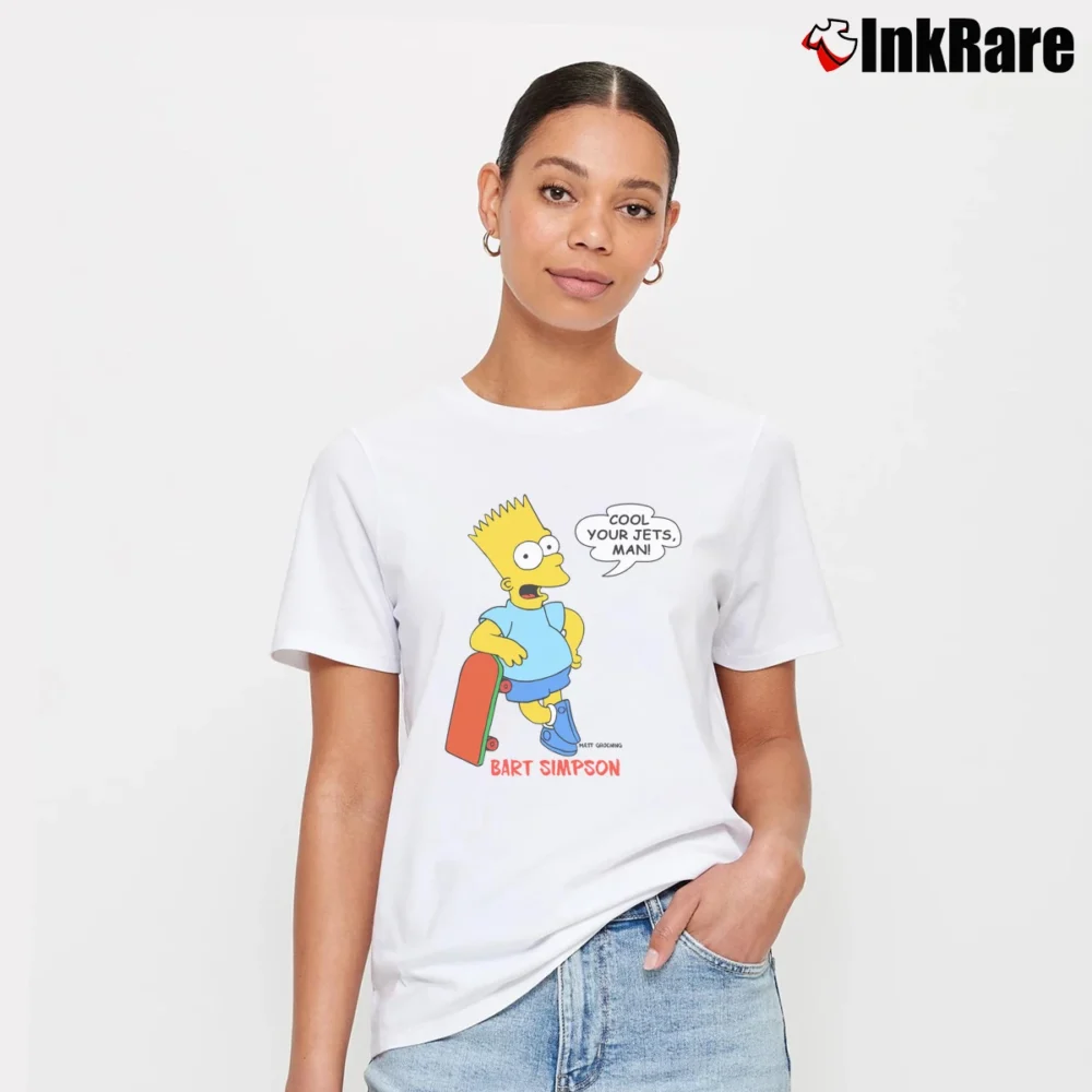 Women’s 90s Bart Simpson Cool Your Jets Cartoon TV Show Signature T-Shirt in white | Soft, Flattering Fit