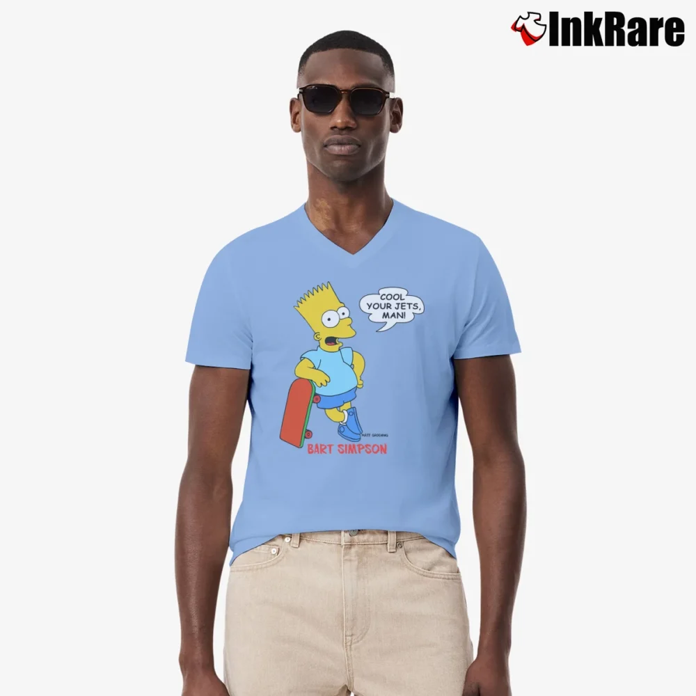 Men’s 90s Bart Simpson Cool Your Jets Cartoon TV Show V-Neck Tee in light blue | Sharp, Breathable, Everyday Staple
