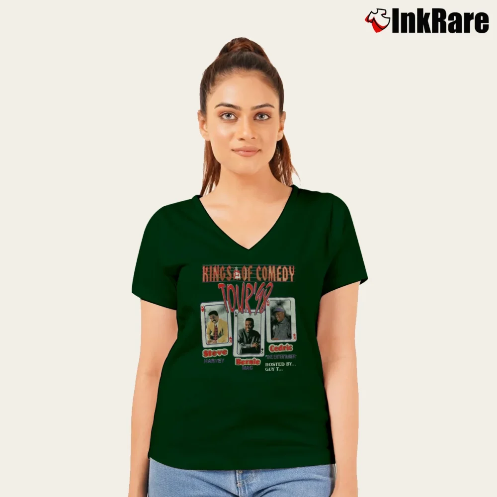 Women’s 90s Bernie Mac Comedy Troupe V-Neck Tee in forest green | Chic Neckline, Soft Texture