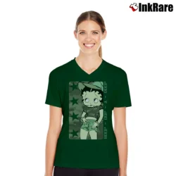 Women’s 90s Betty Boop Army Military Style V-Neck Tee in forest green | Chic Neckline, Soft Texture
