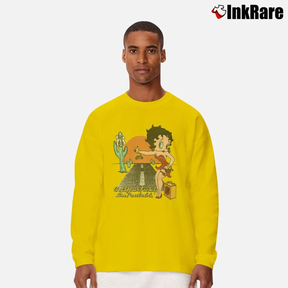 Men’s 90s Betty Boop Beautiful Graphic Cartoon Long-Sleeve Shirt in yellow | Sleek, Lightweight, Year-Round Wear