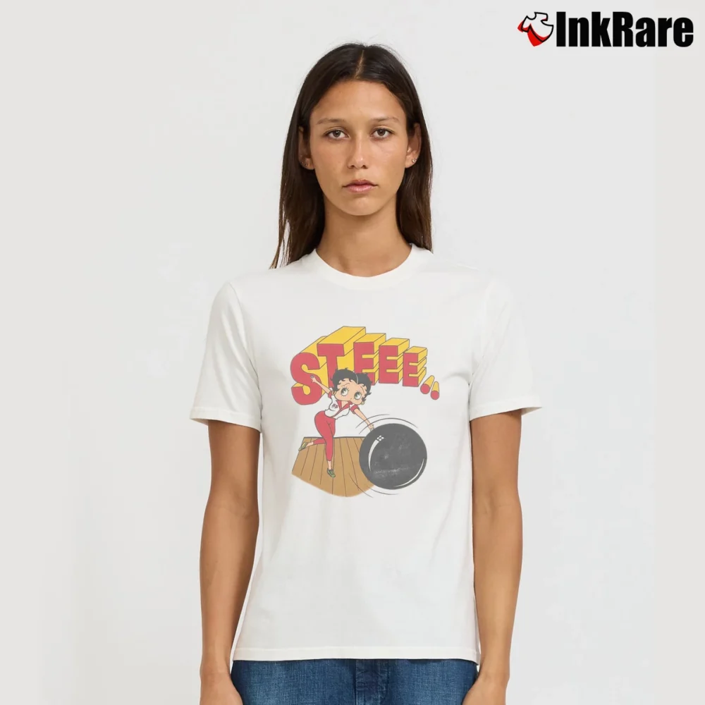 Women’s 90s Betty Boop Bowling Steeerrike Cartoon Signature T-Shirt in white | Soft, Flattering Fit