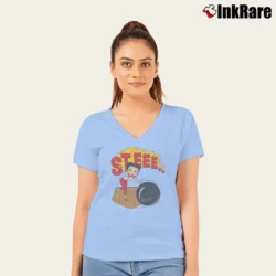 Women’s 90s Betty Boop Bowling Steeerrike Cartoon V-Neck Tee in light blue | Chic Neckline, Soft Texture