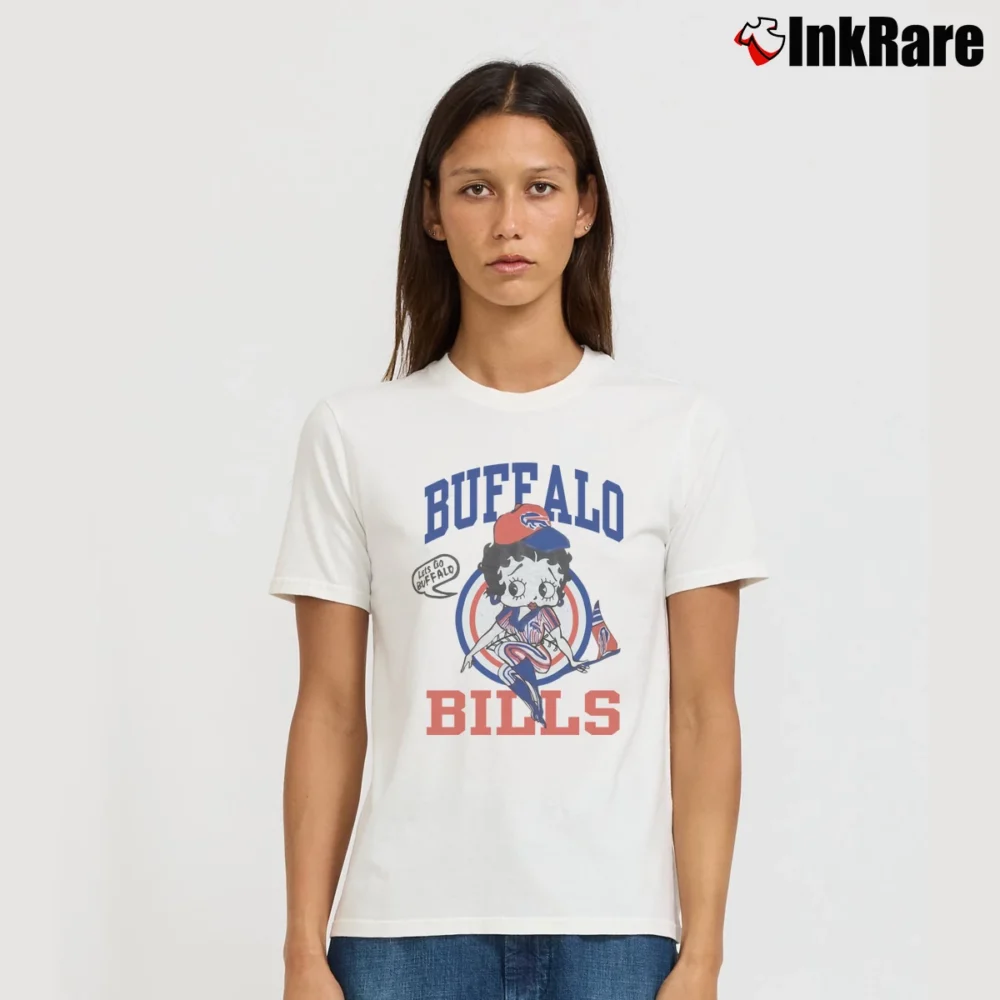 Women’s 90s Betty Boop Buffalo Bills NFL Football Signature T-Shirt in white | Soft, Flattering Fit