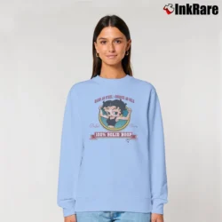 Women’s 90s Betty Boop Buffed Betty Workout Gym Relaxed Sweatshirt in light blue | Soft, Laid-Back Vibe