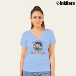 Women’s 90s Betty Boop Buffed Betty Workout Gym V-Neck Tee in light blue | Chic Neckline, Soft Texture