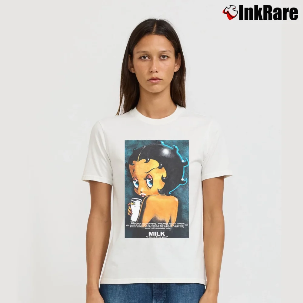 Women’s 90s Betty Boop Got Milk Graphic Cartoon Signature T-Shirt in white | Soft, Flattering Fit