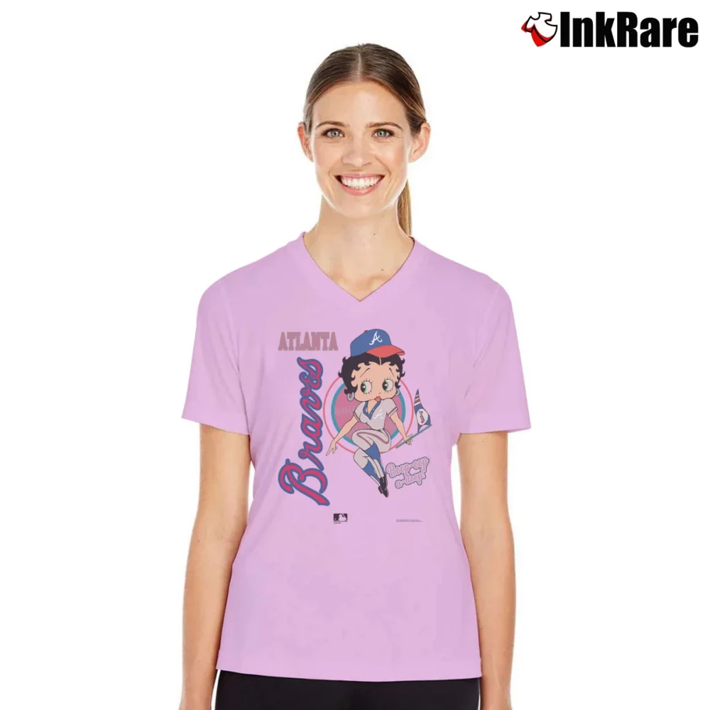 Women’s 90s Betty Boop NFL Atlanta Braves Baseball V-Neck Tee in light pink | Chic Neckline, Soft Texture
