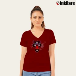 Women’s 90s Blues Traveler Cat Band Tour Graphic V-Neck Tee in maroon | Chic Neckline, Soft Texture