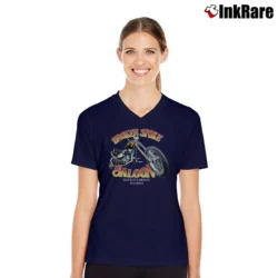 Women’s 90s Broken Spoke Saloon Souvenir V-Neck Tee in navy | Chic Neckline, Soft Texture