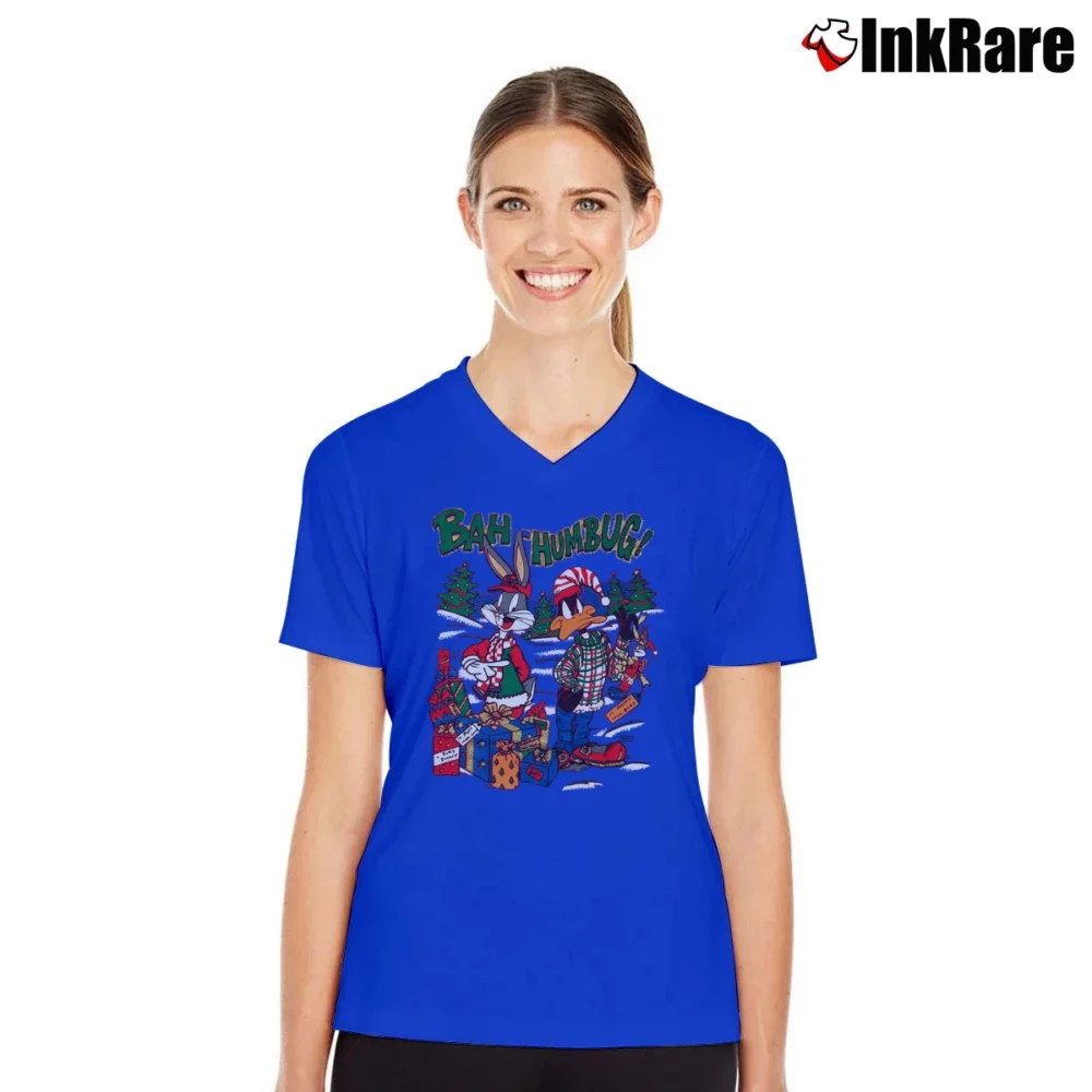 Women’s 90s Bugs Bunny Daffy Duck Christmas Looney Tunes V-Neck Tee in royal blue | Chic Neckline, Soft Texture