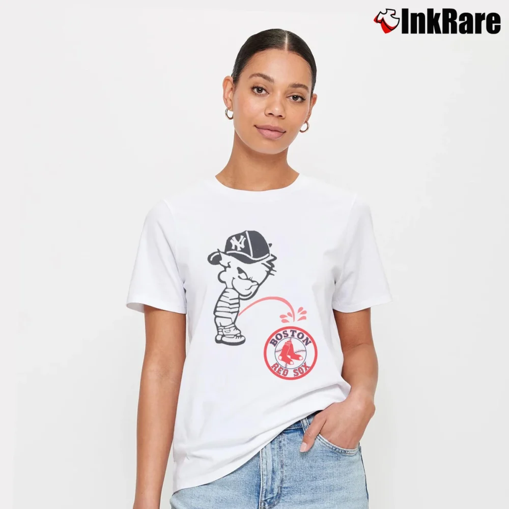 Women’s 90s Champions Calvin Peeing Boston Red Sox Parody Signature T-Shirt in white | Soft, Flattering Fit